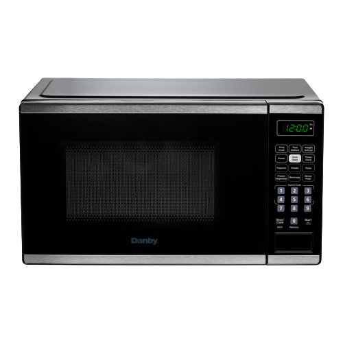 Compact stainless steel microwave with digital display and keypad controls for kitchen use in microwaves collection