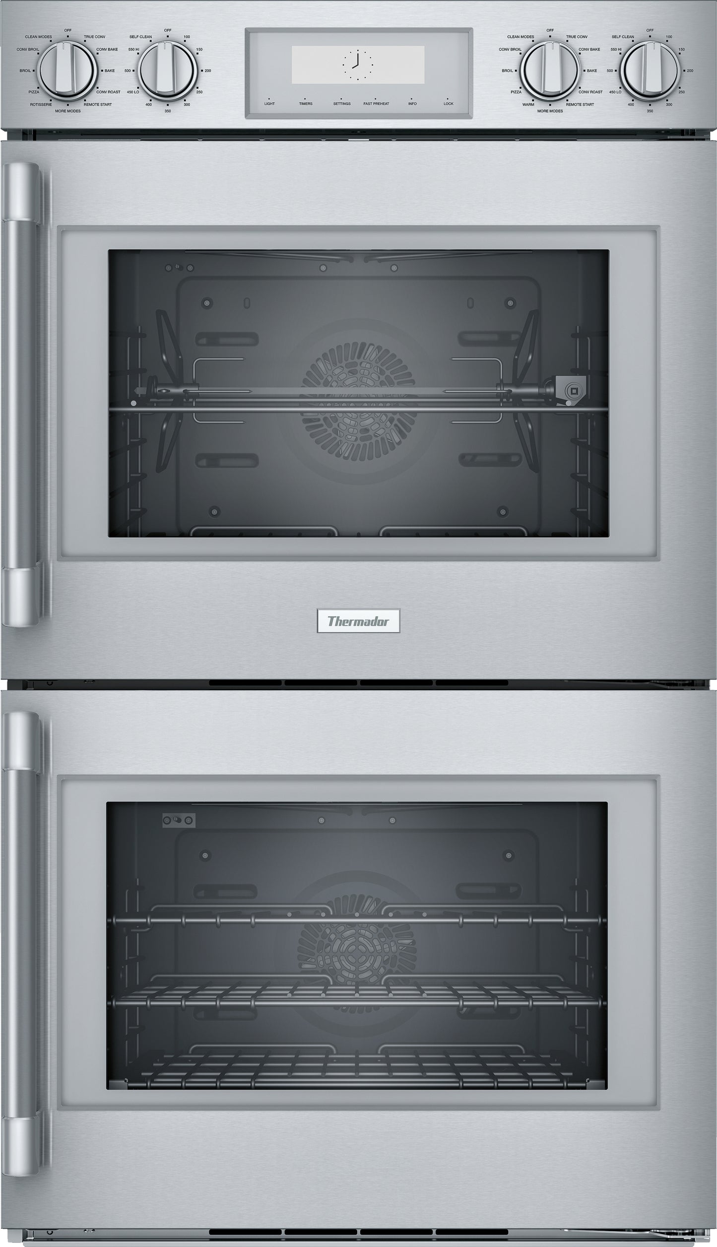 Stainless steel double wall oven with side-opening doors, digital display, and multiple cooking modes from Thermador Appliances collection