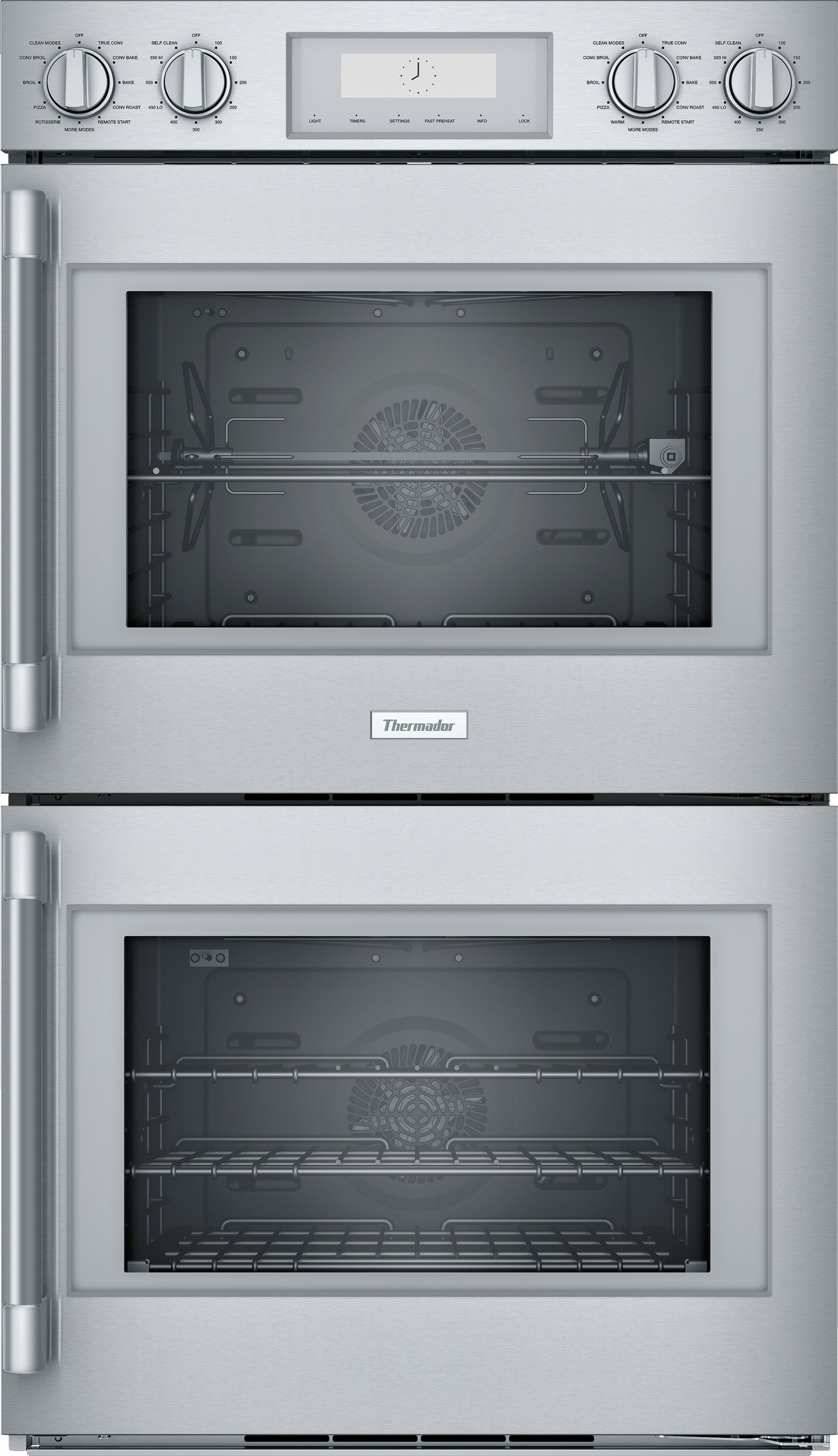 Stainless steel double wall oven with side-opening doors, digital display, and multiple cooking modes from Thermador Appliances collection