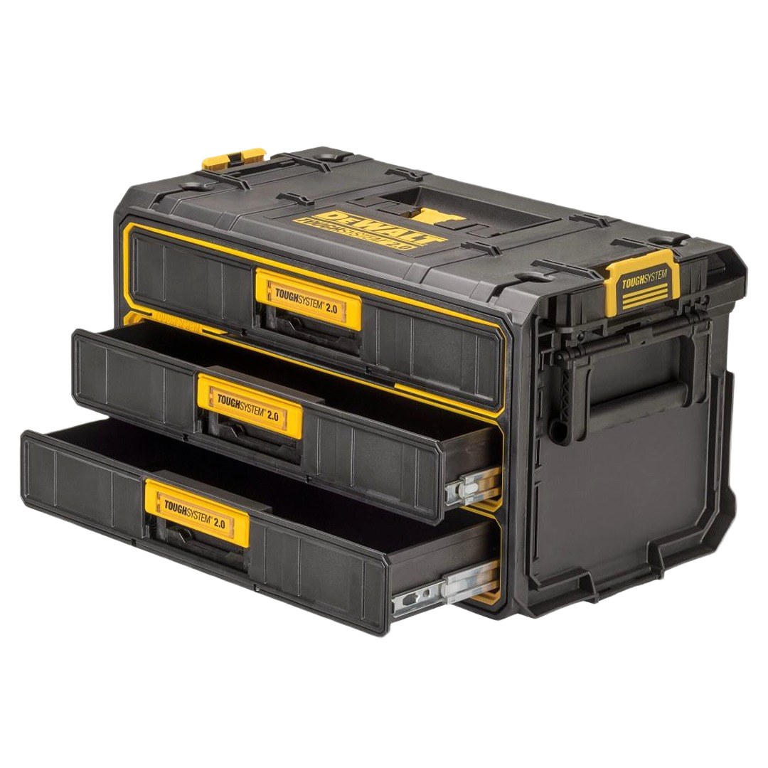 Compact black and yellow three-drawer tool storage unit with ball-bearing slides for workshop organization and jobsite use