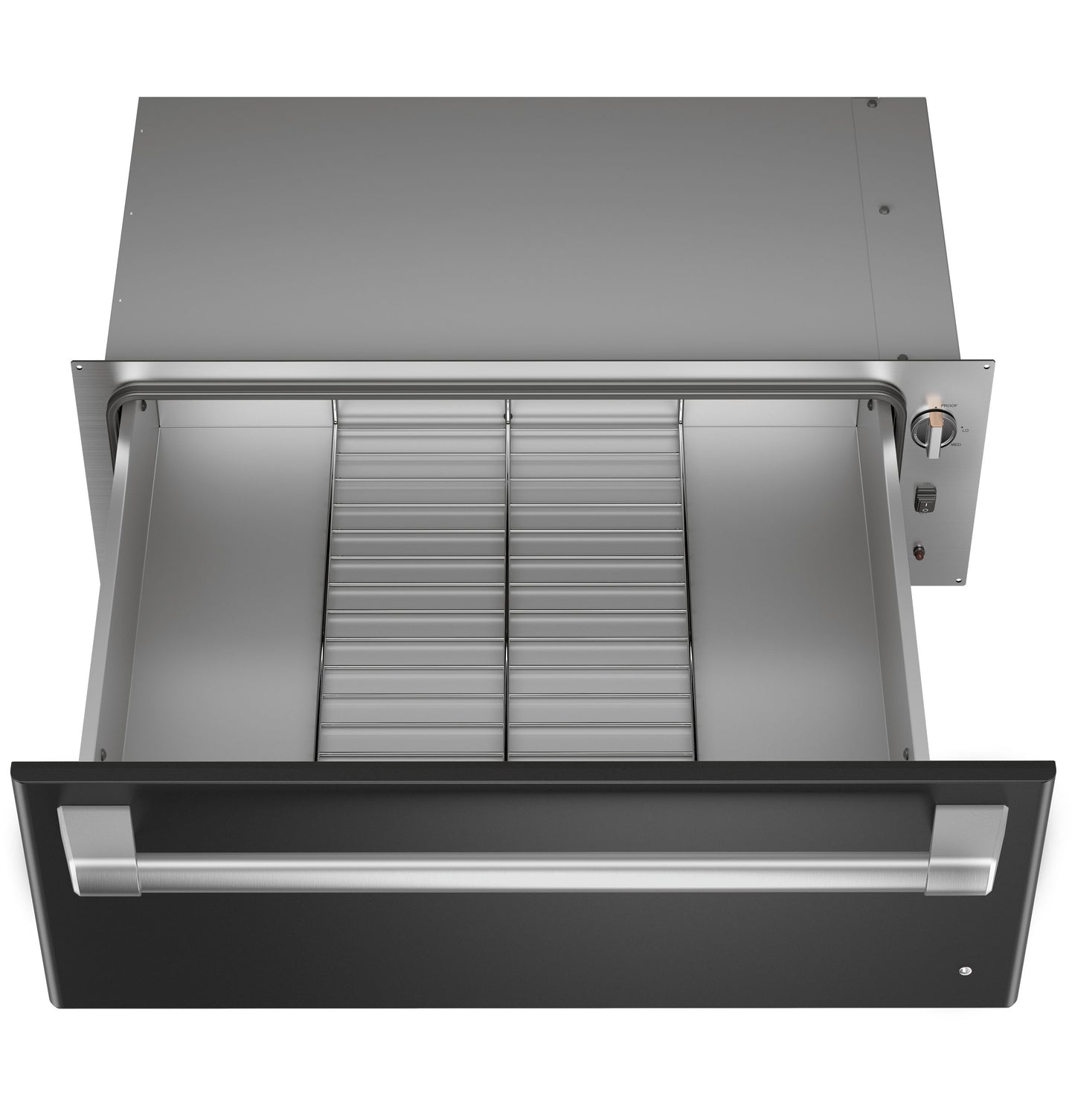 Built-in warming drawer with black front panel, stainless steel handle, and interior racks for kitchen appliances collection