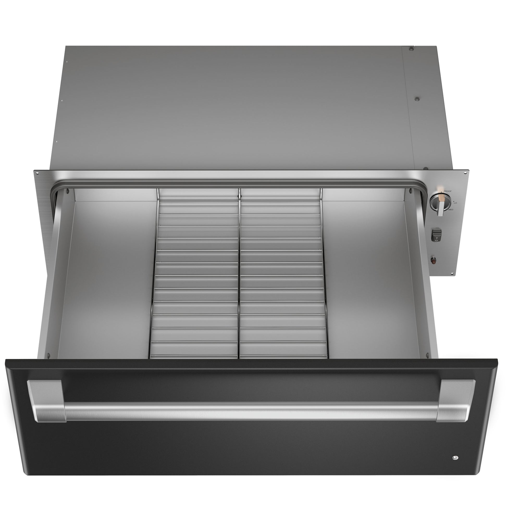 Built-in warming drawer with black front panel, stainless steel handle, and interior racks for kitchen appliances collection