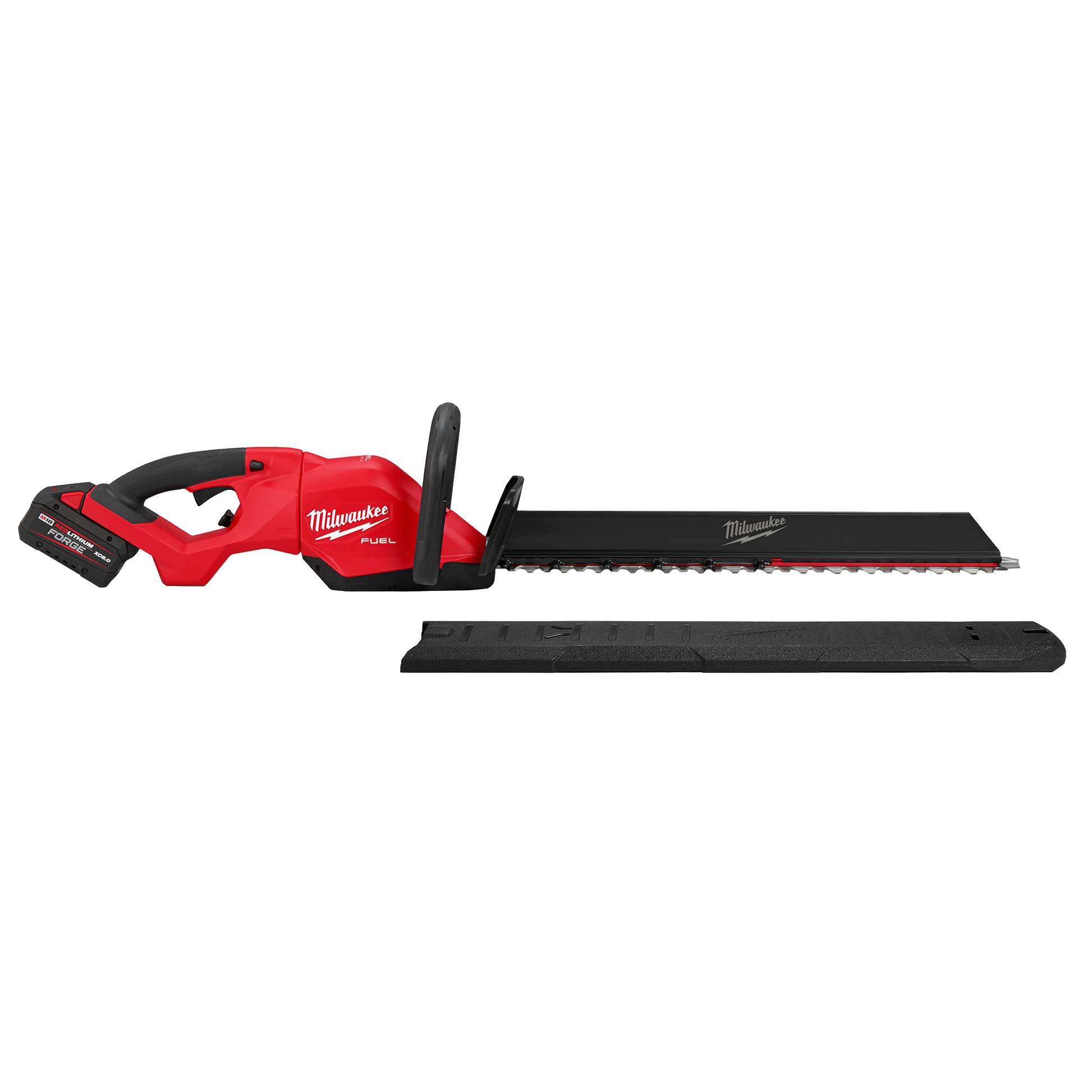 Red cordless hedge trimmer with 24-inch blade, ergonomic handles, and blade cover for tools and home improvement tasks