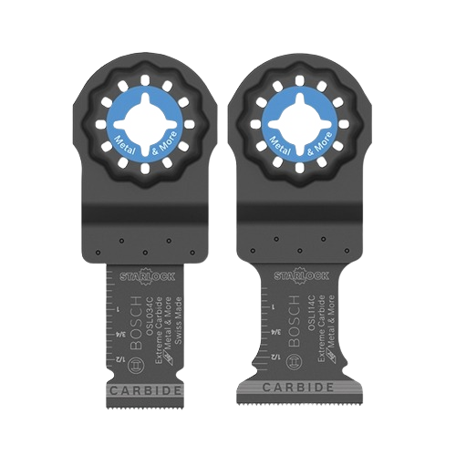 Two black Bosch carbide oscillating blades with Starlock mount and metal cutting design for tools and home improvement.