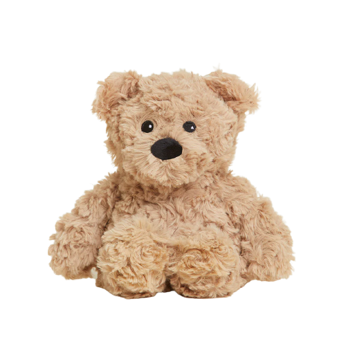 Plush brown curly bear with soft textured fabric designed for microwavable warmth and comfort