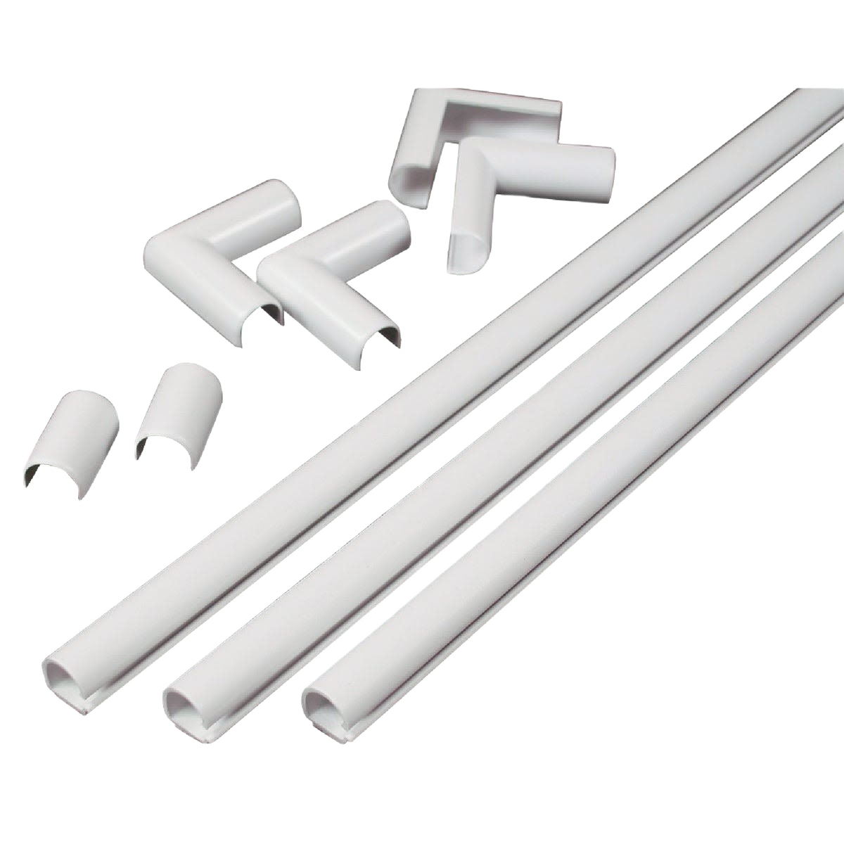 White plastic cord channel kit with straight and angled pieces for electrical cord management and home improvement tasks