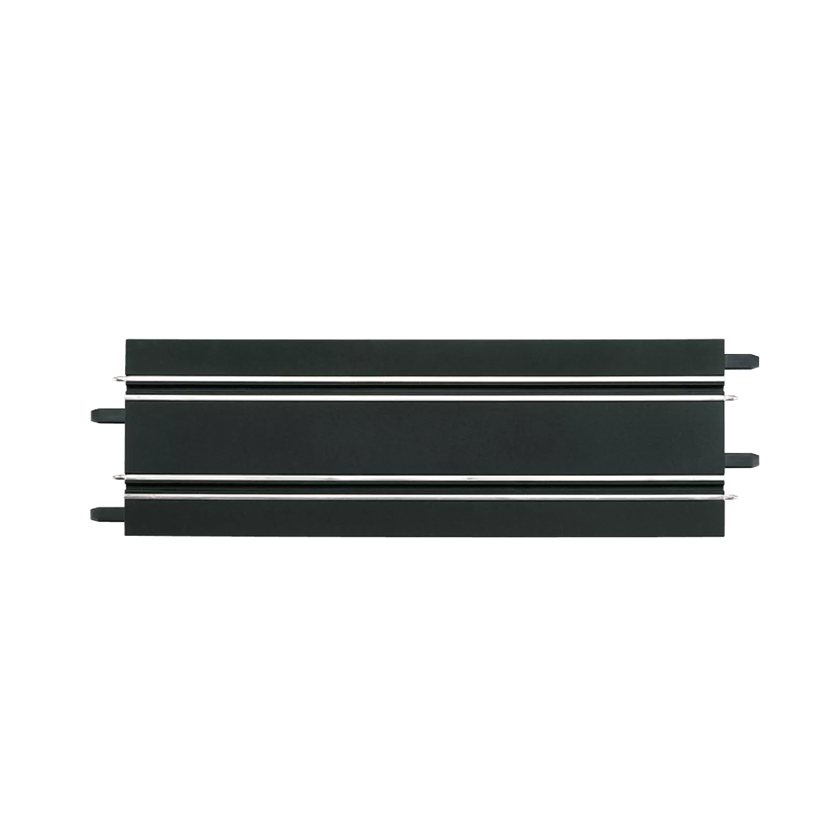 Black straight track piece with metal rails for 1:43 scale slot car racing and home entertainment sets