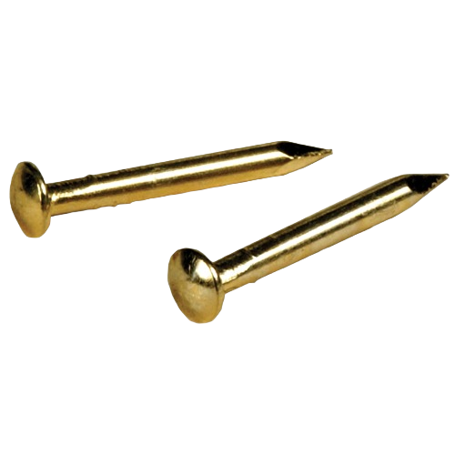 Two brass-plated 16-gauge linoleum nails with rounded heads for hardware and home improvement fastener use
