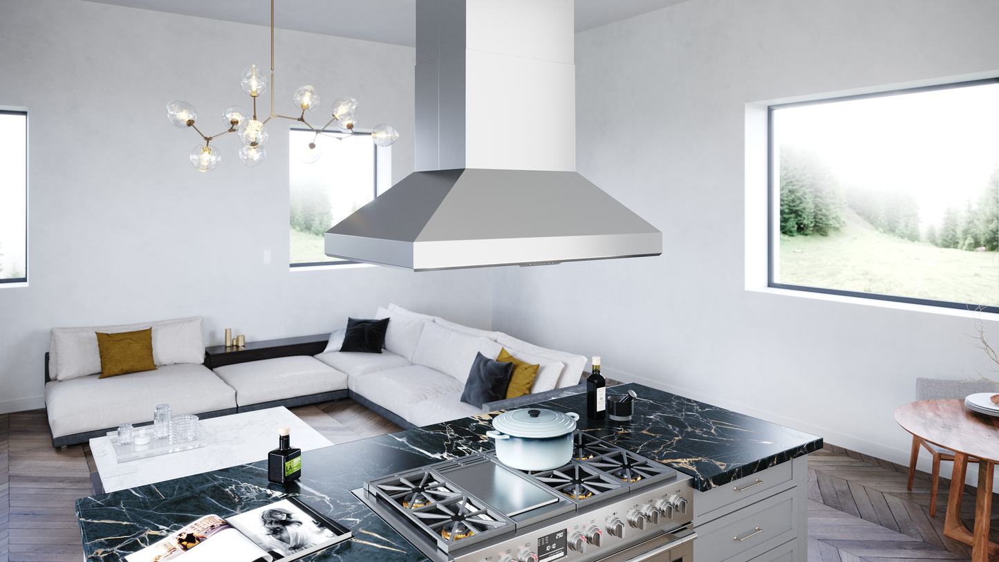 Stainless steel island range hood with a tapered canopy suspended above a large professional gas cooktop in a bright kitchen with marble countertops, part of Over the Range Hoods, Island Range Hoods, and Kitchen & Kitchenware collections.