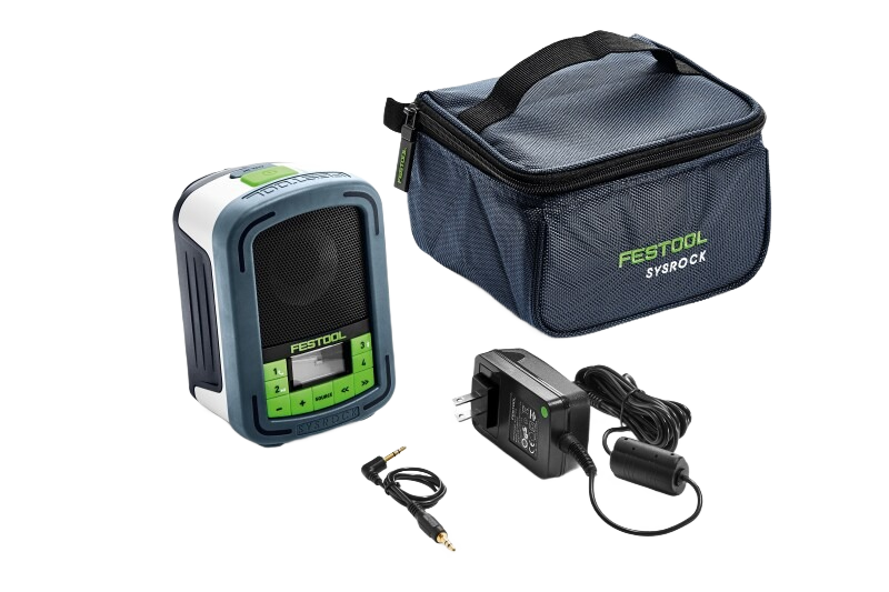 Portable jobsite radio with green buttons, black speaker grille, and carrying case for tools and home improvement tasks
