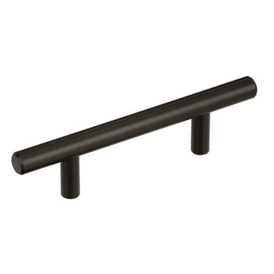 Sleek black bronze bar pull with 3-inch center spacing for cabinet and furniture hardware in home improvement.