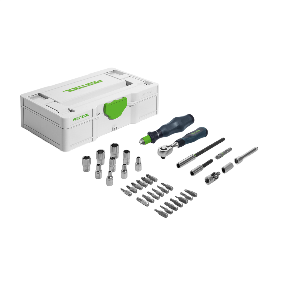 Compact ratchet set with ergonomic handles, multiple socket heads, and screwdriver bits in a sturdy white storage case for home improvement tasks