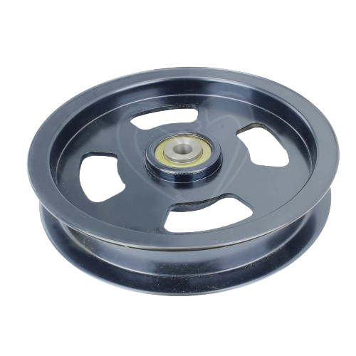 Black metal pulley wheel with central bearing for automotive and John Deere parts and accessories collections