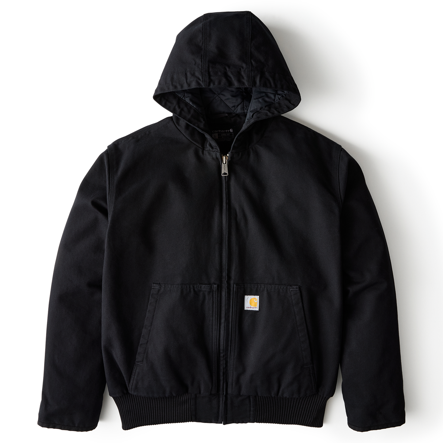 Men's black heavyweight washed cotton duck jacket with hood, zipper front, and durable insulated lining in outerwear collections