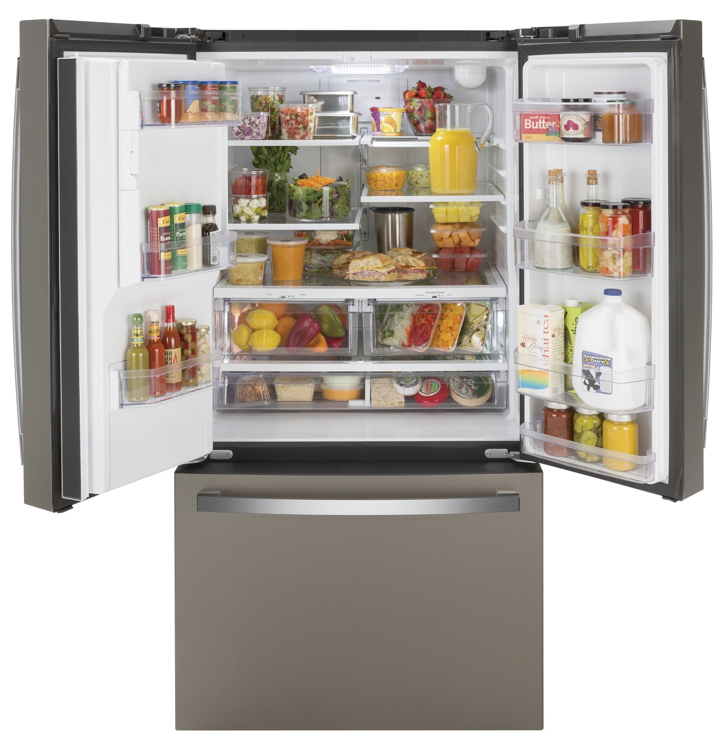 Open ENERGY STAR® French-door refrigerator in slate finish with organized fresh food and beverage storage in kitchen appliance collections