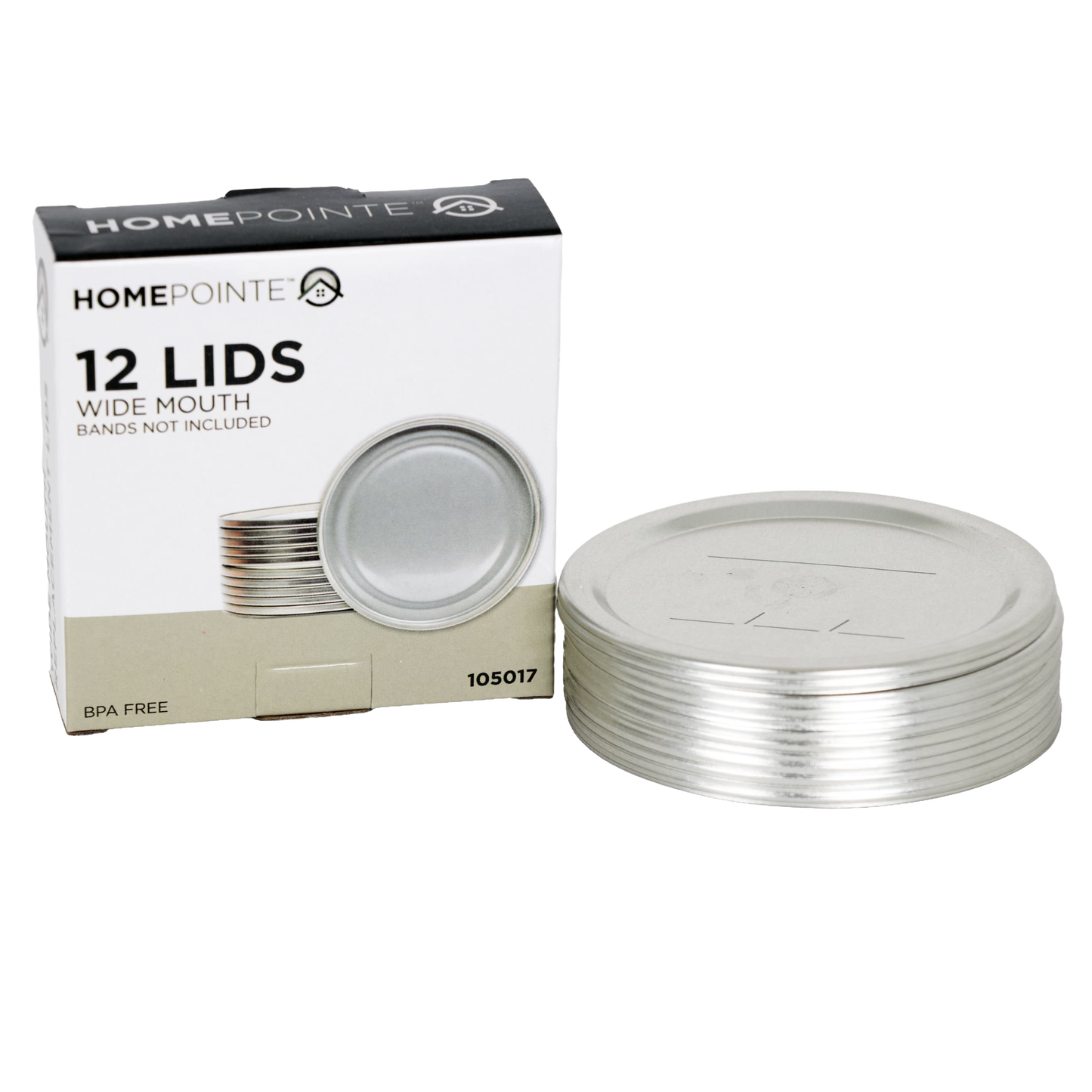 Stack of 12 silver wide-mouth canning jar lids with packaging box in kitchenware and home preservation tools collection