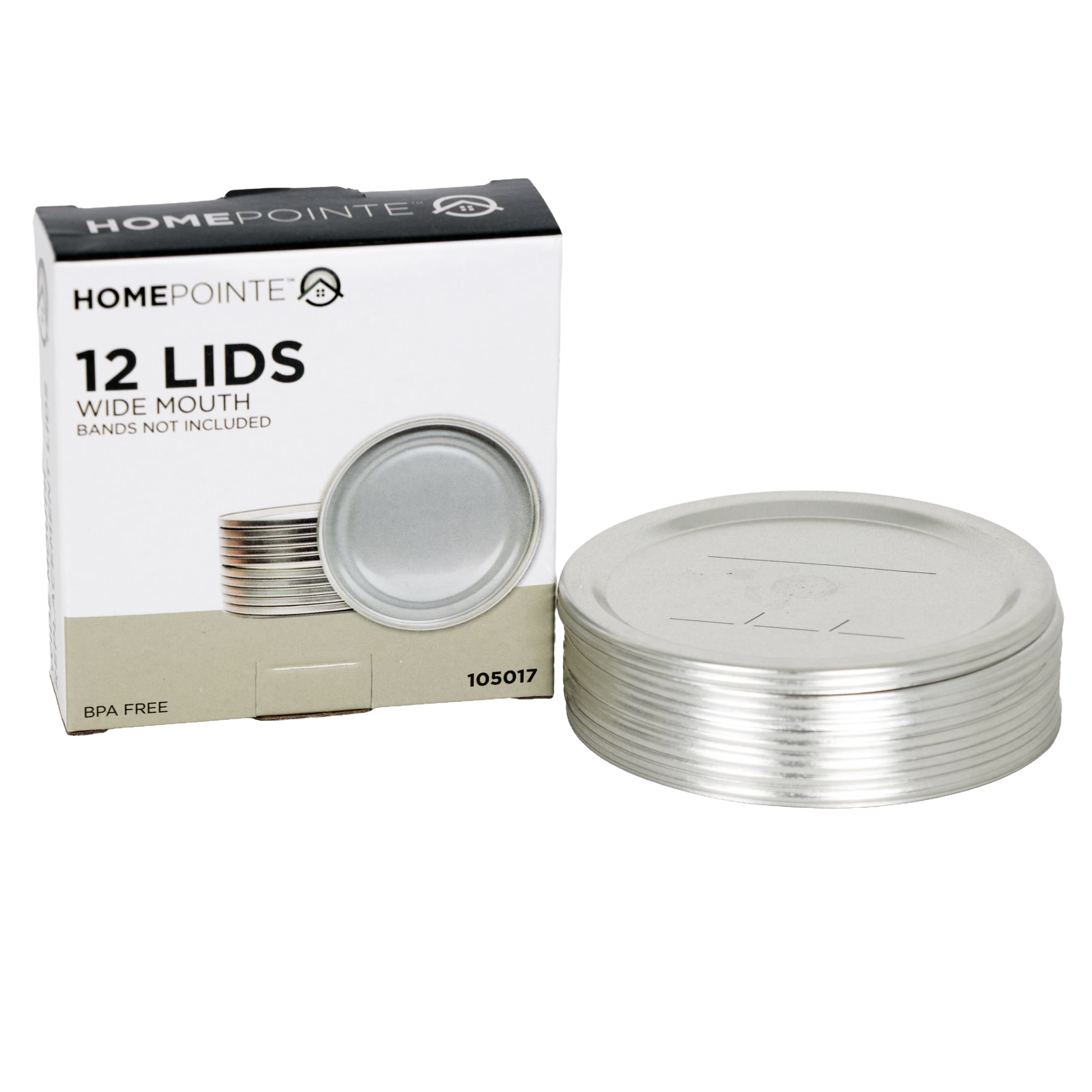 Stack of 12 silver wide-mouth canning jar lids with packaging box in kitchenware and home preservation tools collection
