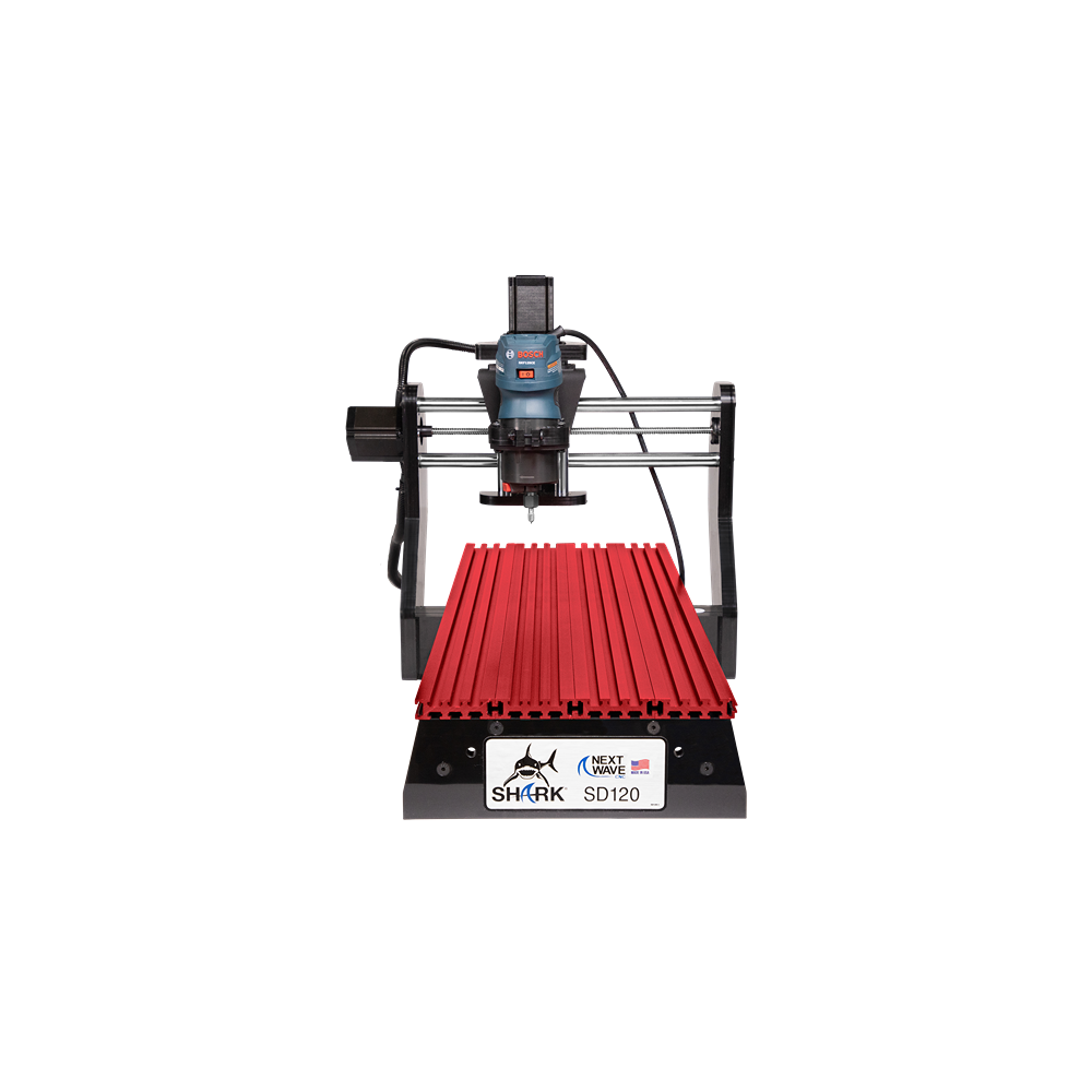 Compact CNC router with red aluminum bed and blue spindle motor for precision home improvement projects and tool use