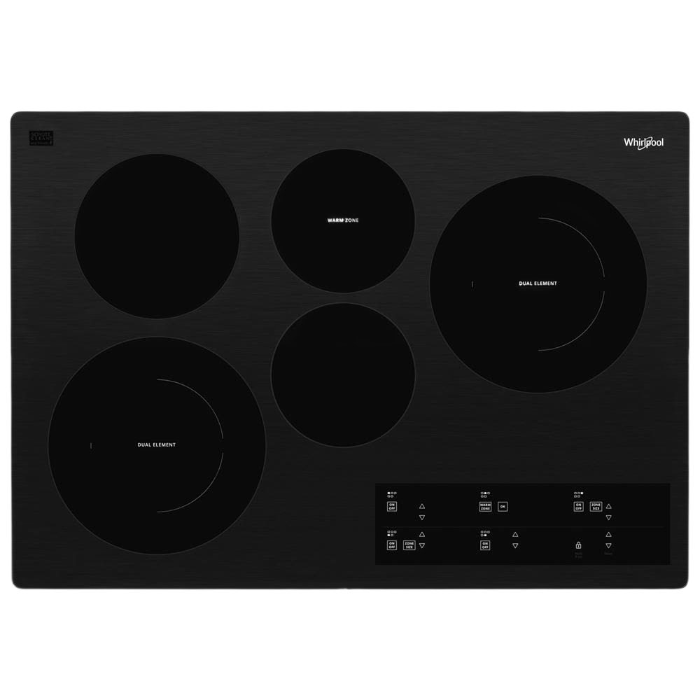 Black ceramic glass electric cooktop with five burners including two dual radiant and one warm zone from Cooktops collection