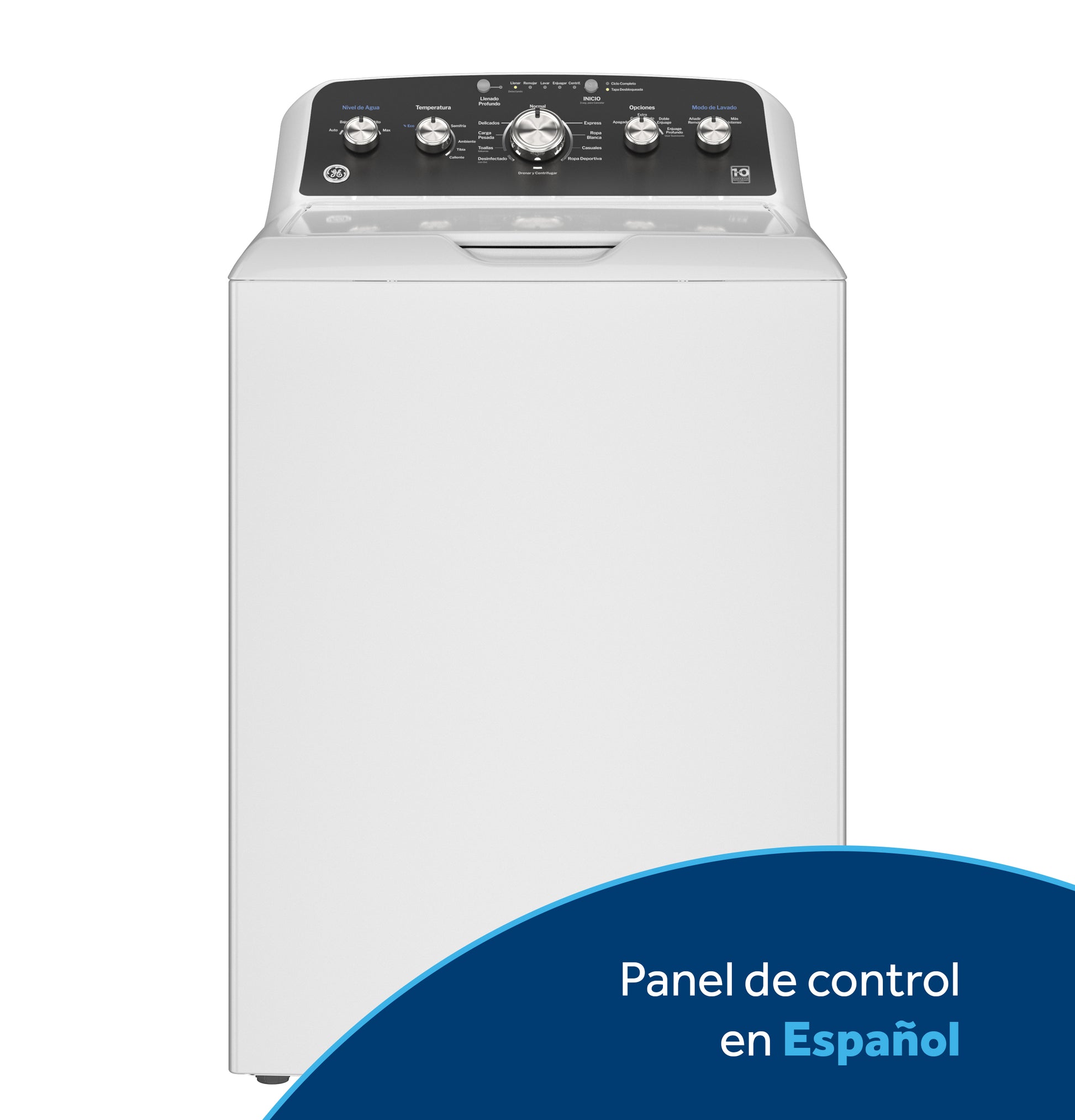 White top load washer with digital control panel featuring Spanish language and wash modes in washers and dryers collection