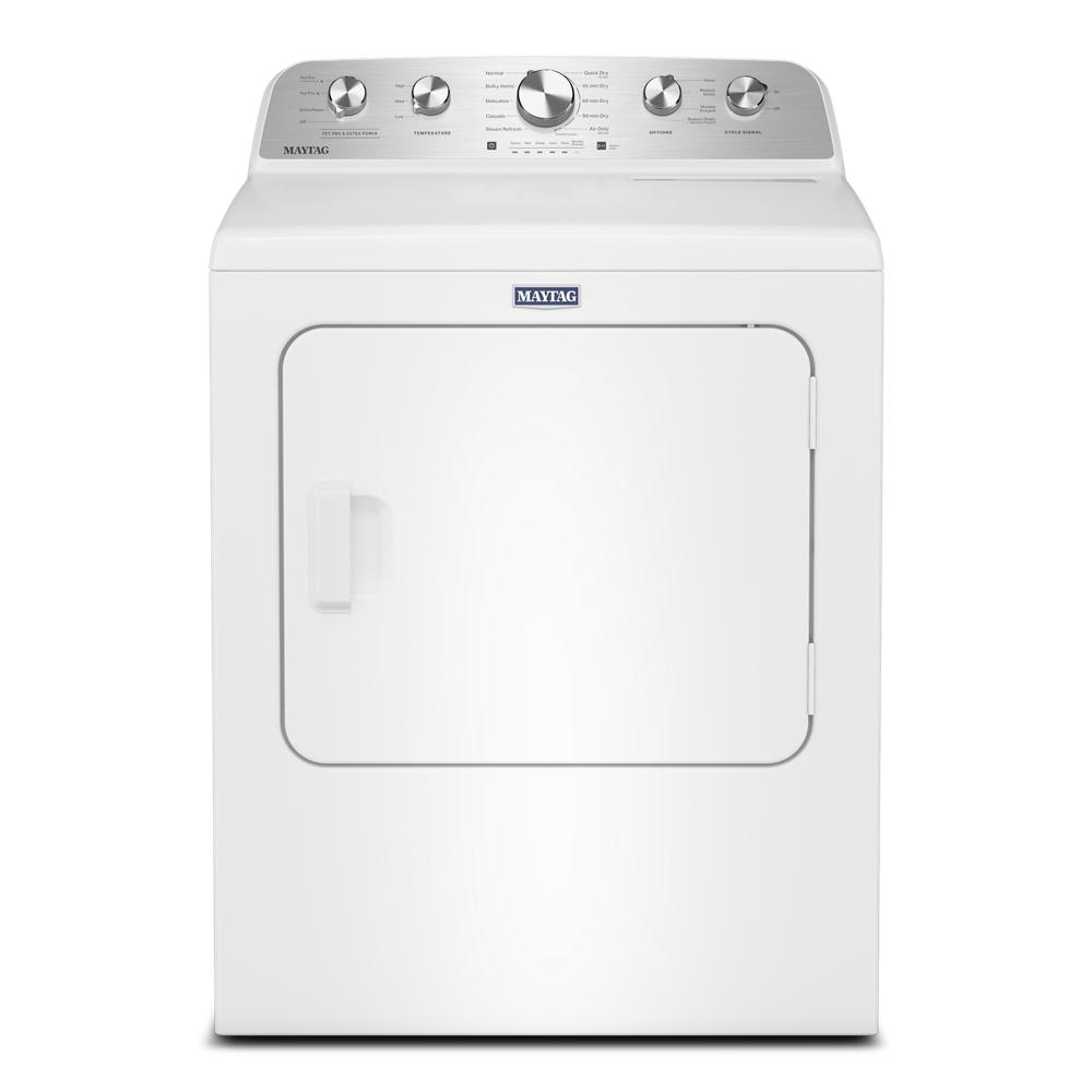 Front view of white electric dryer with control knobs and full-size door from Dryers and Appliances collections