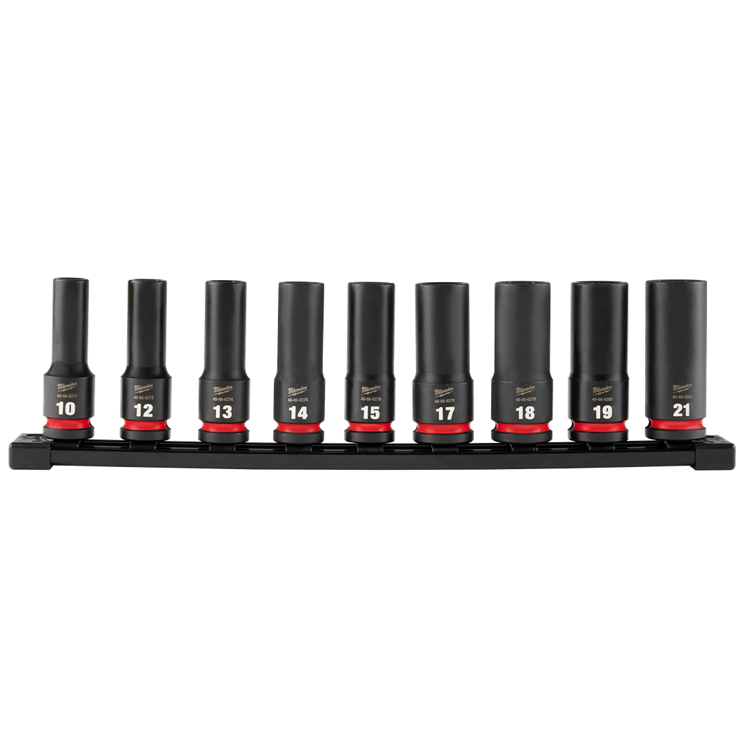 Set of 9 black impact sockets with metric sizes on a holder for tools and home improvement tasks