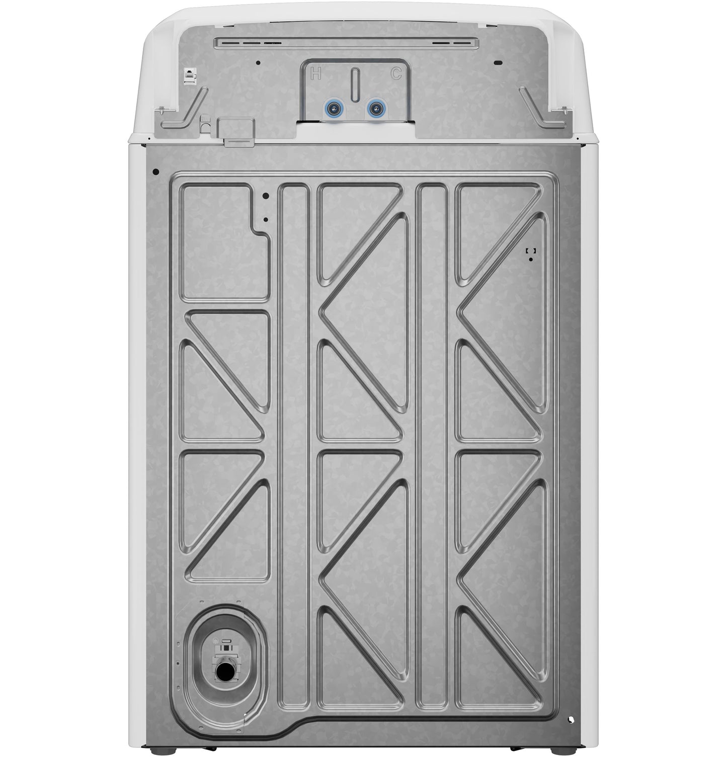 Back view of grey metal washing machine frame with water inlet and electrical connection in Appliances collection