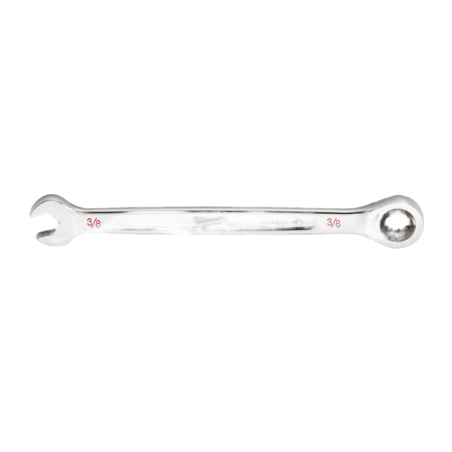 Polished steel 3/8 inch ratcheting wrench with combination open and closed ends for tools and home improvement use