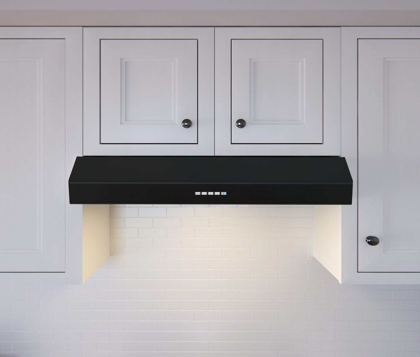 Black under-cabinet range hood with LED lighting and electronic controls installed beneath white kitchen cabinets, featured in Under Cabinet Range Hoods, Kitchen & Kitchenware, Appliances collections.