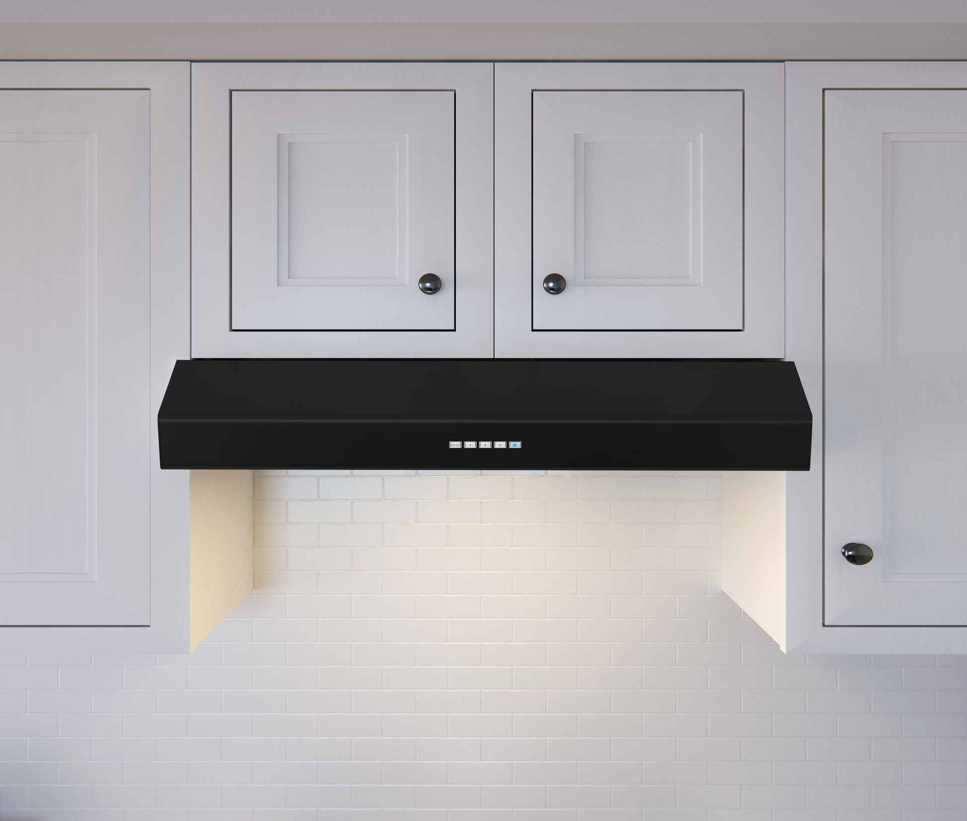 Black under-cabinet range hood with LED lighting and electronic controls installed beneath white kitchen cabinets, featured in Under Cabinet Range Hoods, Kitchen & Kitchenware, Appliances collections.