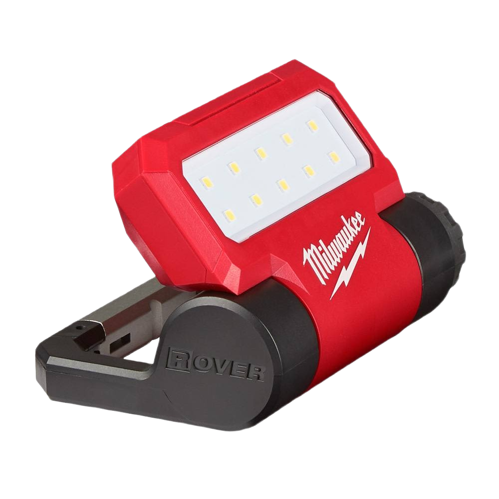 Portable red and black pivoting flood light with integrated LED panel and rechargeable battery for tools and home improvement use