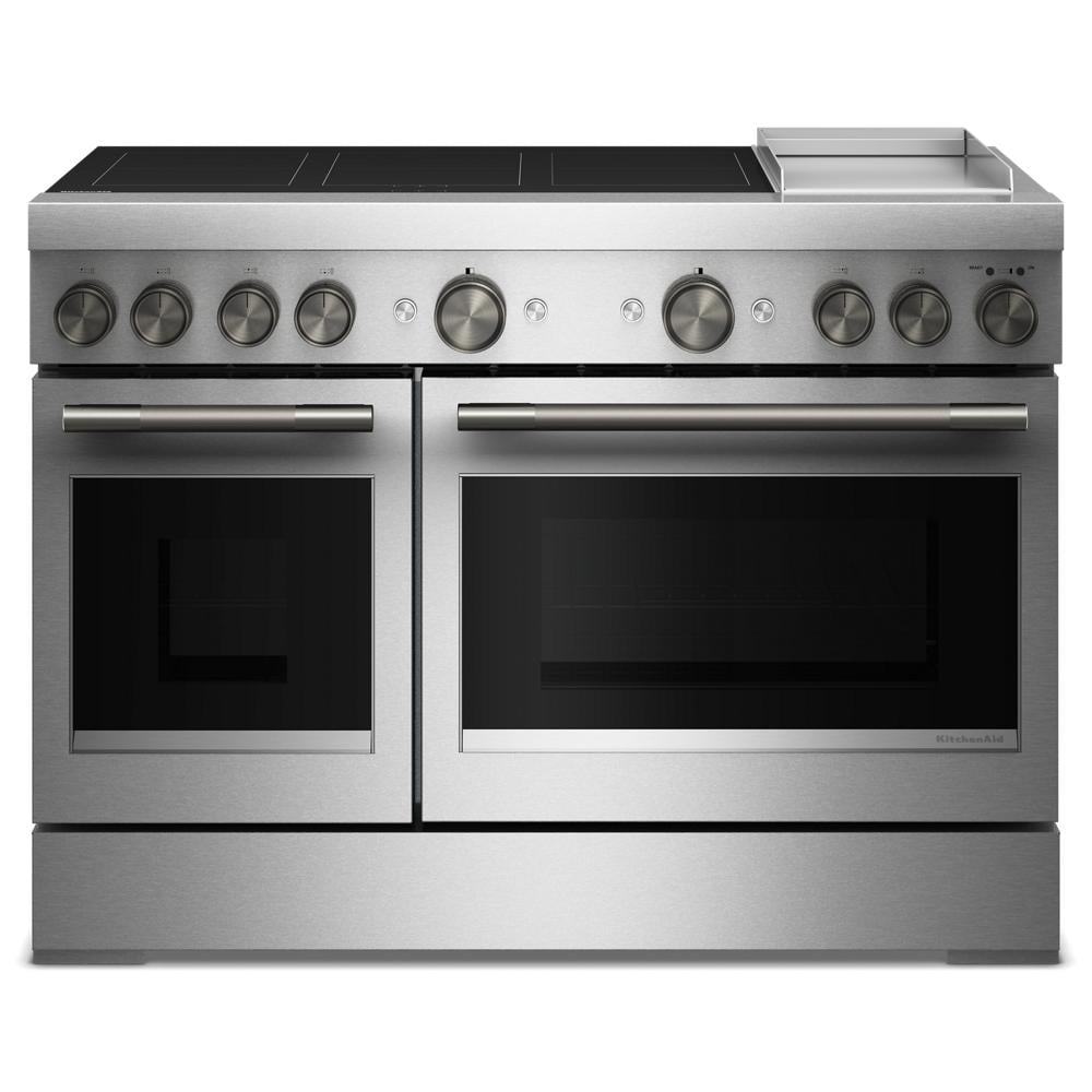 Stainless steel commercial-style induction range with six elements, dual ovens, and built-in griddle in kitchen appliances collection