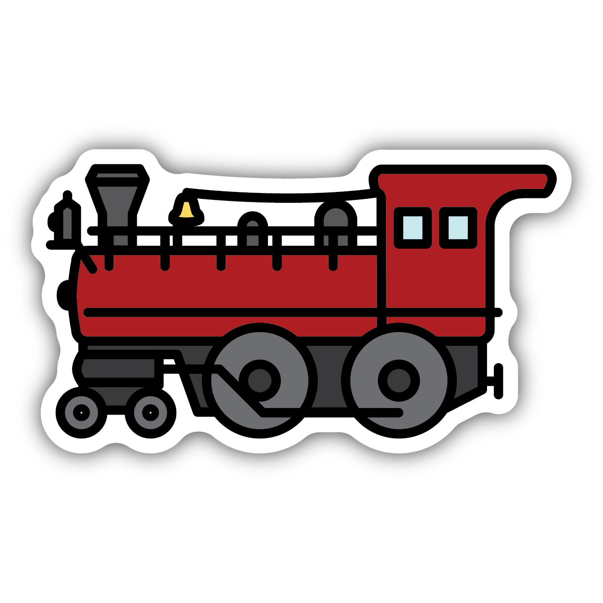 Red vintage locomotive train sticker with black and gray wheels and blue cabin windows for decorative use