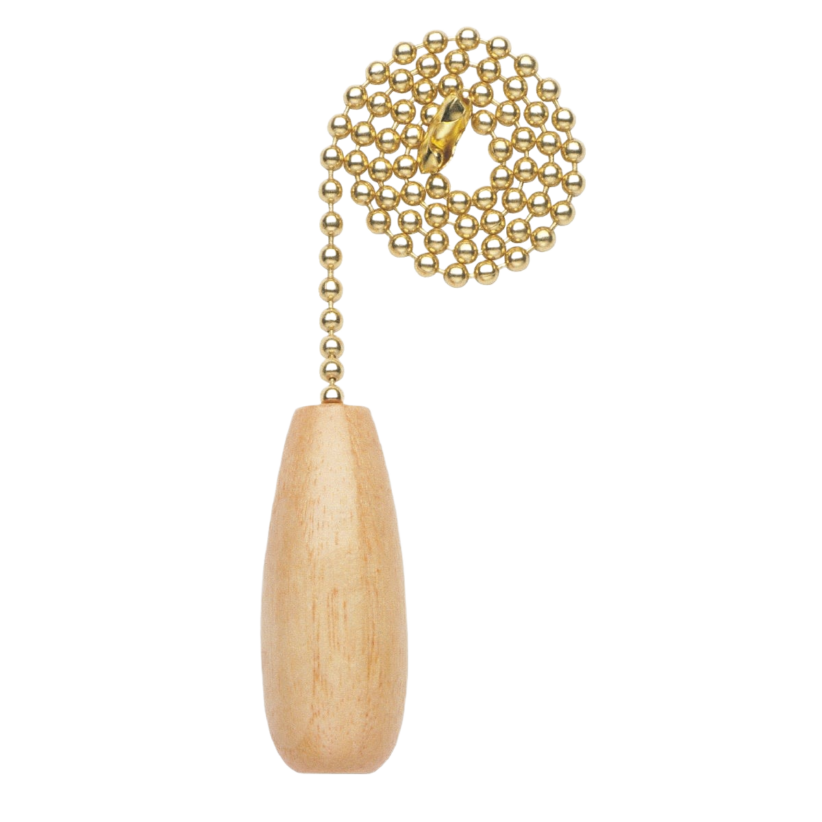 Polished brass bead pull chain with natural wooden knob for ceiling fan use in lighting and electrical collections