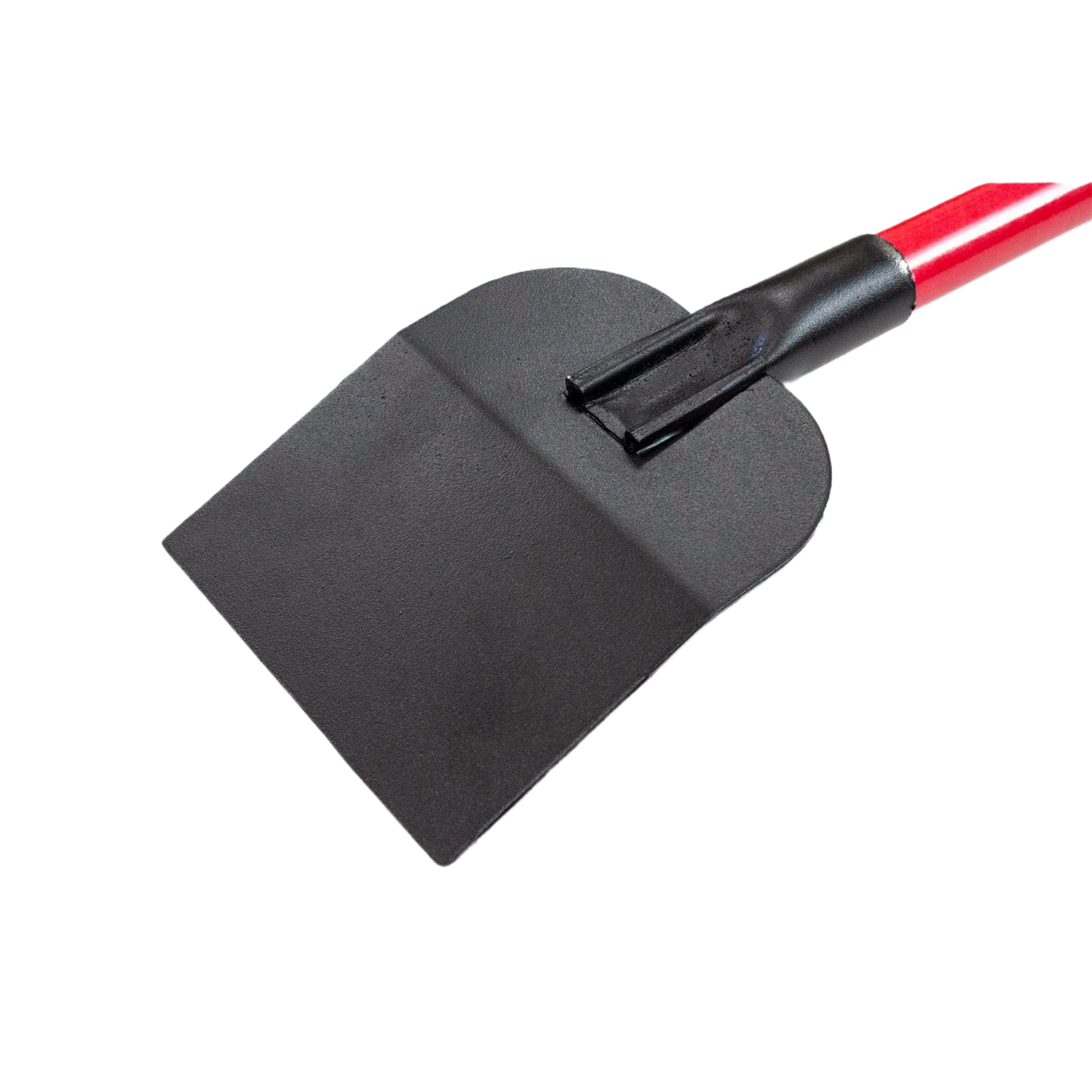 Floor scraper with wide black metal blade and long red fiberglass handle for home improvement and flooring removal tasks