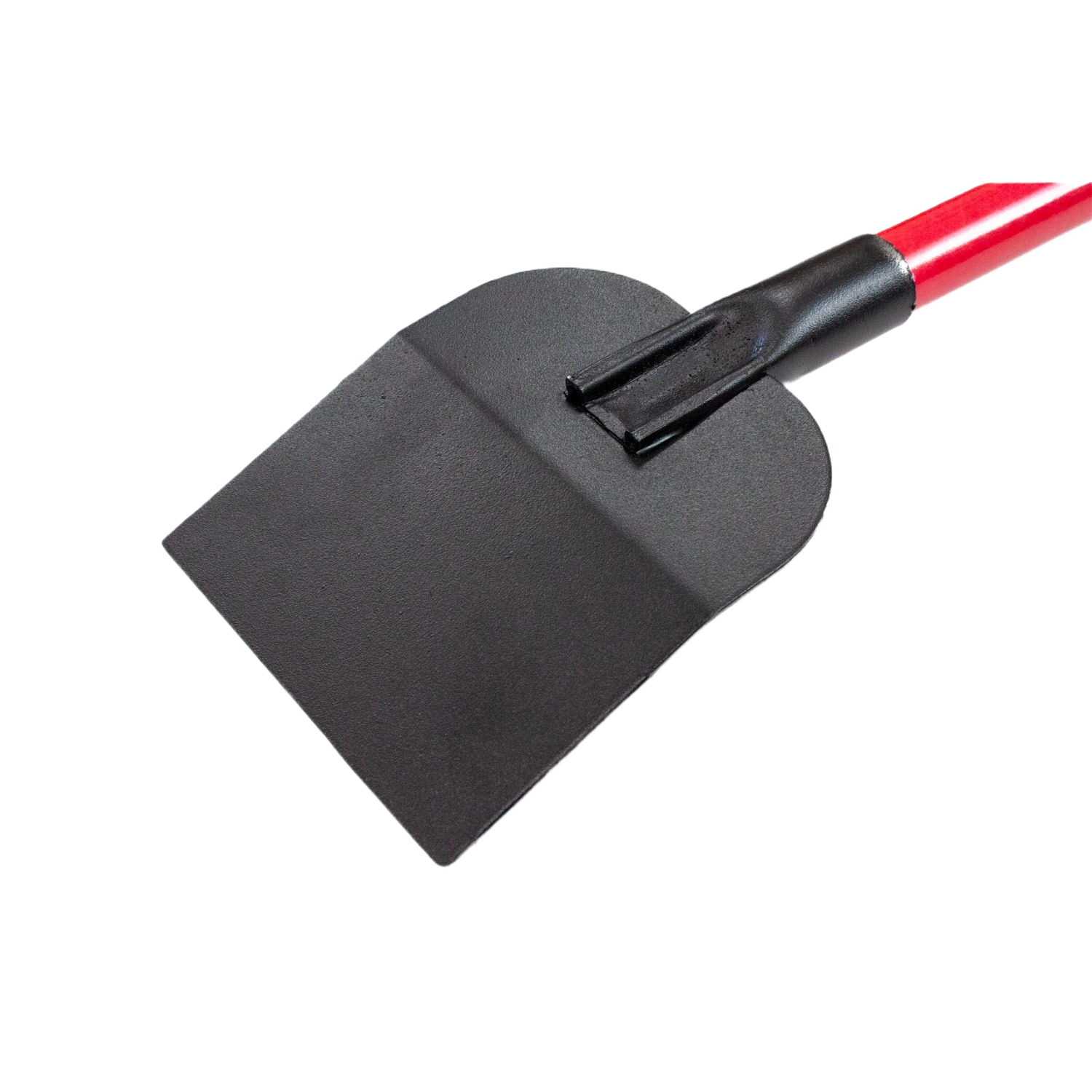 Floor scraper with wide black metal blade and long red fiberglass handle for home improvement and flooring removal tasks