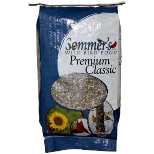 Bag of Sommer's Premium Classic wild bird food with window showing mixed seeds and images of birds and sunflower