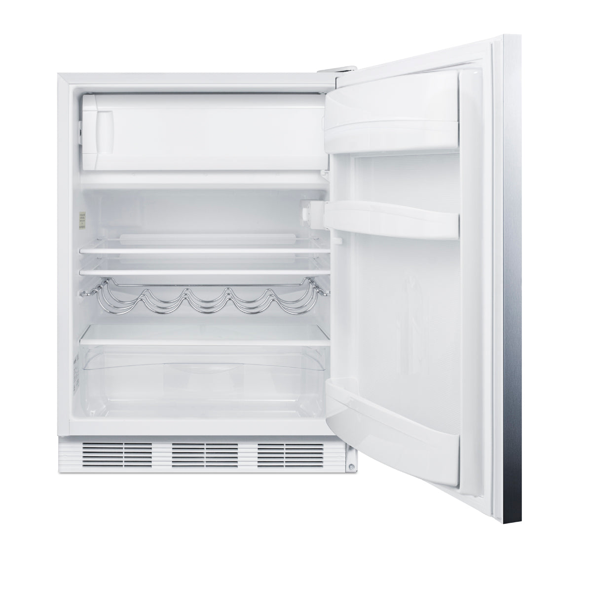 24-inch wide compact refrigerator-freezer with white interior and stainless steel exterior for kitchen appliances collections