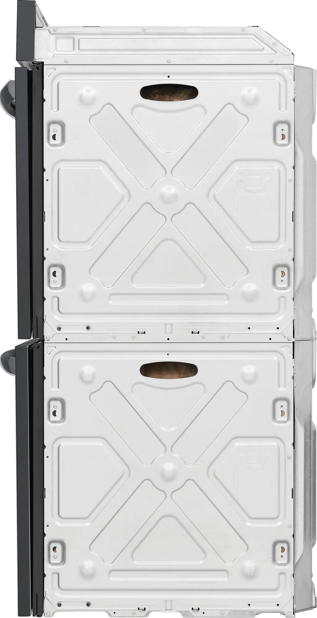 Side view of uninstalled double electric wall oven showing metal casing and internal structural design for built-in kitchen appliance