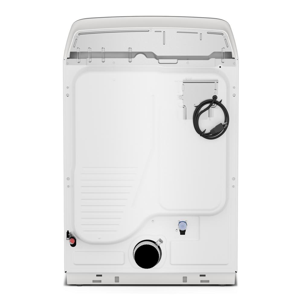Rear view of white gas clothes dryer showing vent, power cord, and utility connections from Dryers collection