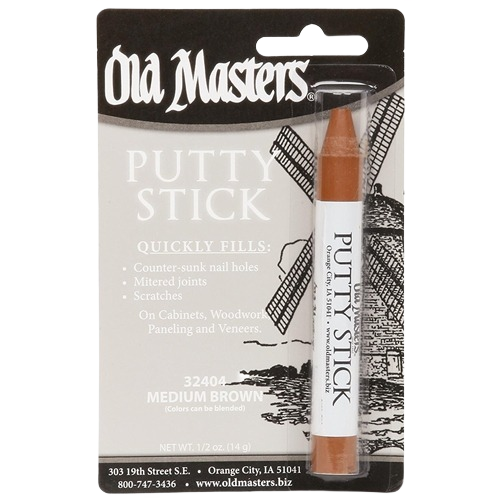 Old Masters Deep Brown putty stick for filling nail holes, scratches, and wood paneling in home improvement projects