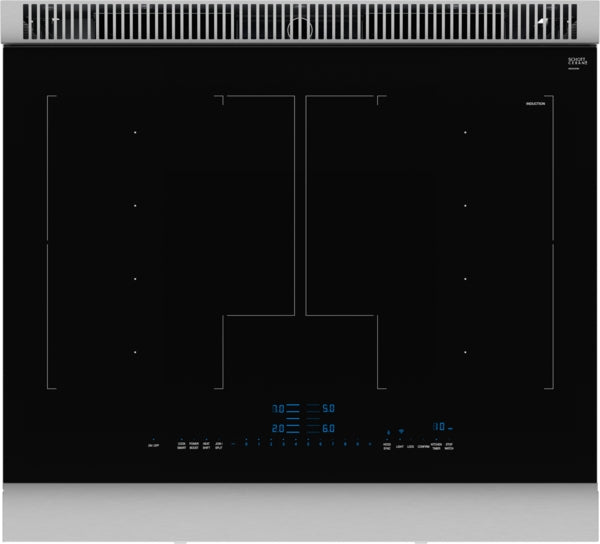Black glass induction cooktop with digital touch controls and flexible cooking zones in kitchen appliance collection