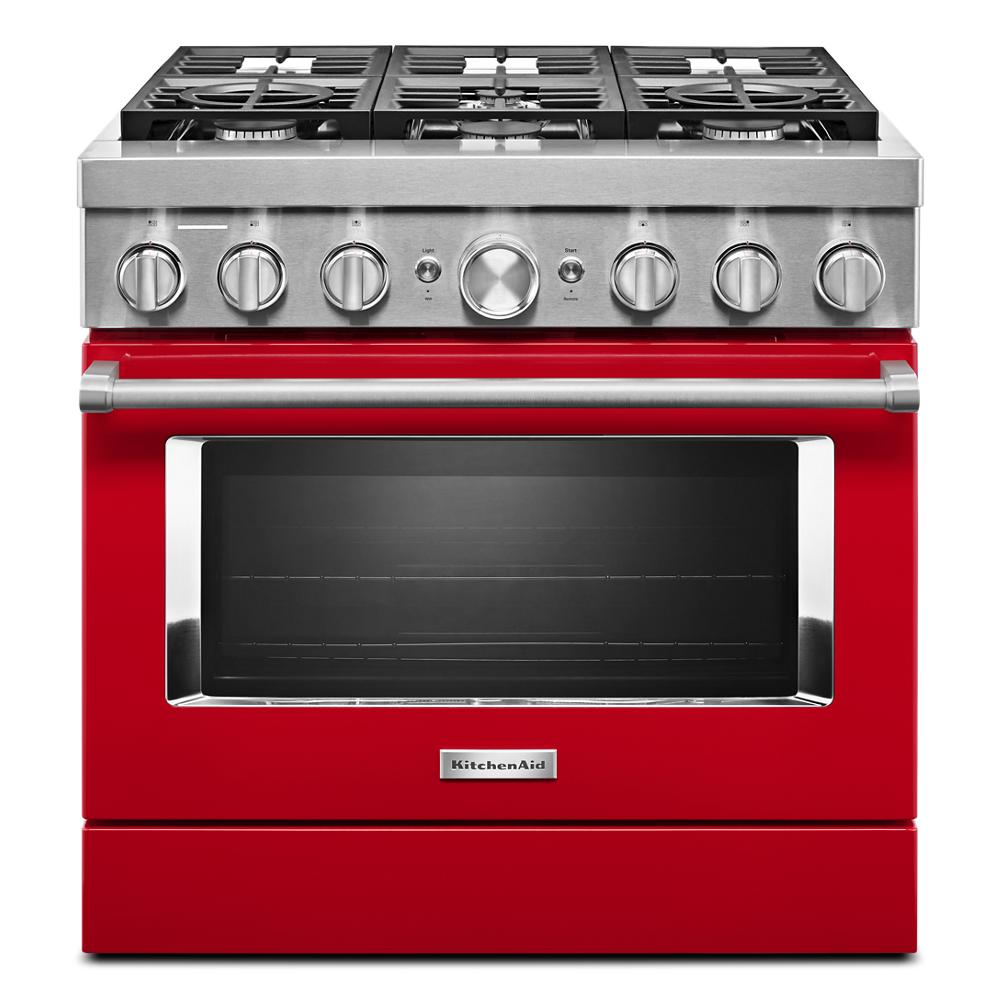 Red KitchenAid commercial-style dual fuel range with six gas burners and stainless steel control panel from Ranges collection