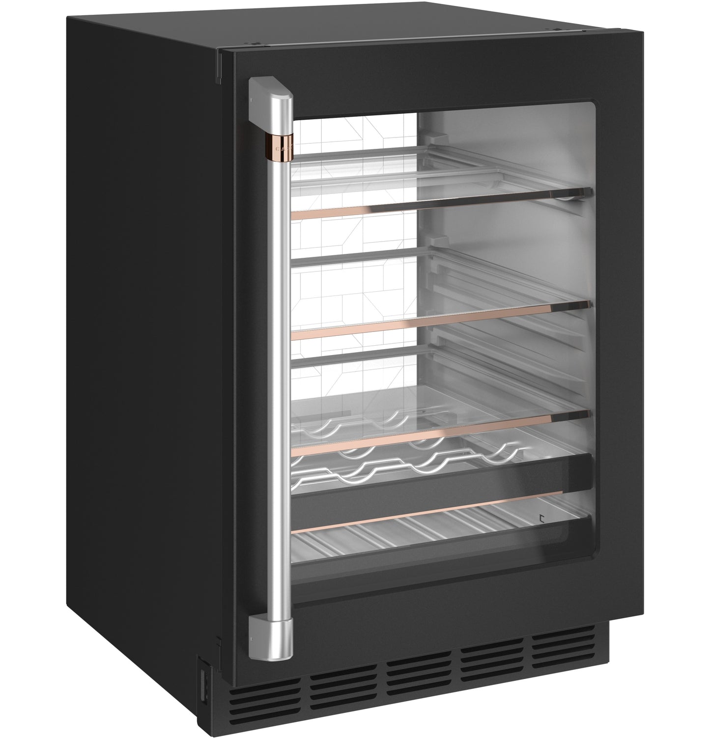 Black beverage center with glass door, metal handle, adjustable shelves, and wine rack in kitchen appliance collection