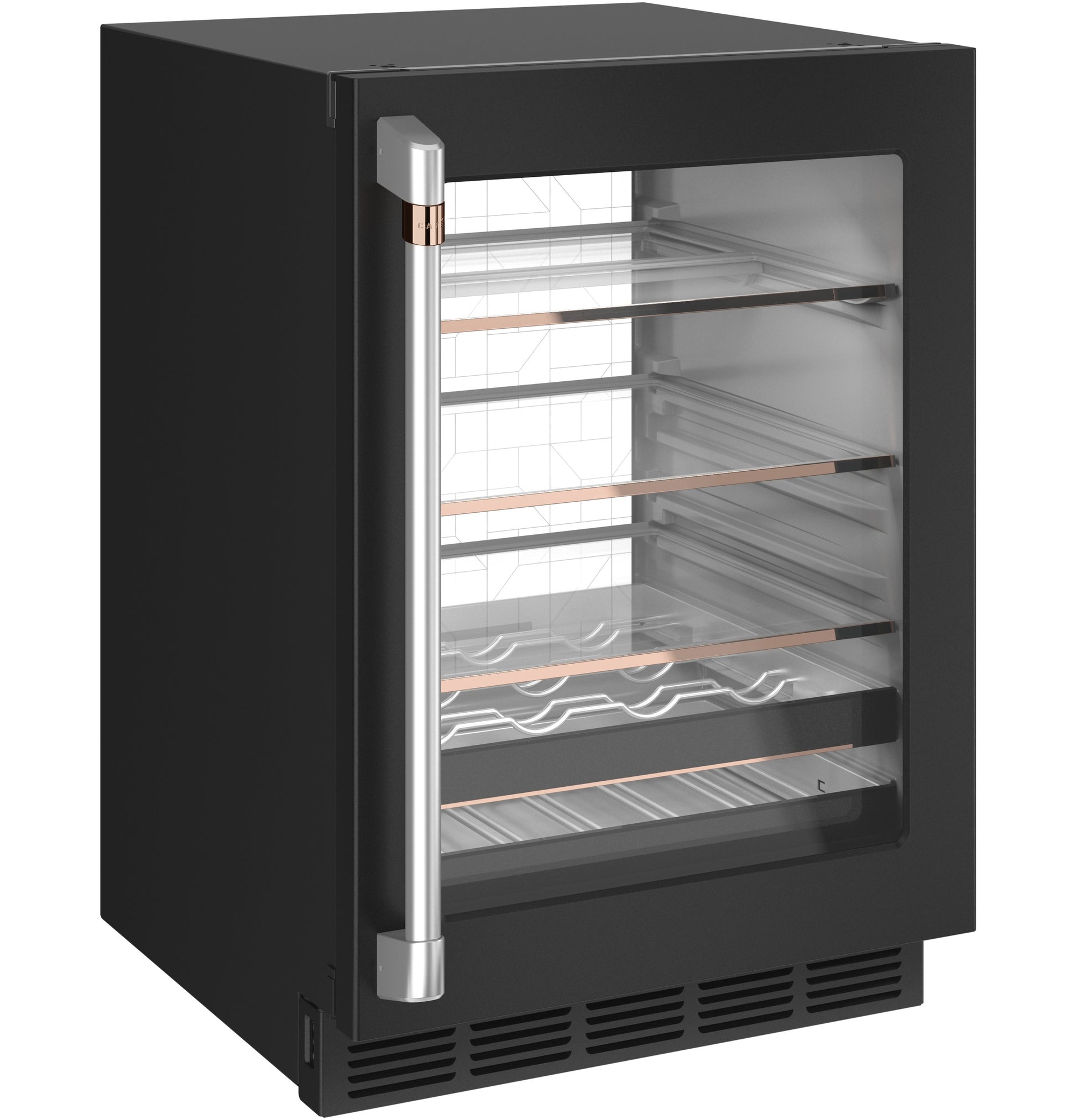 Black beverage center with glass door, metal handle, adjustable shelves, and wine rack in kitchen appliance collection
