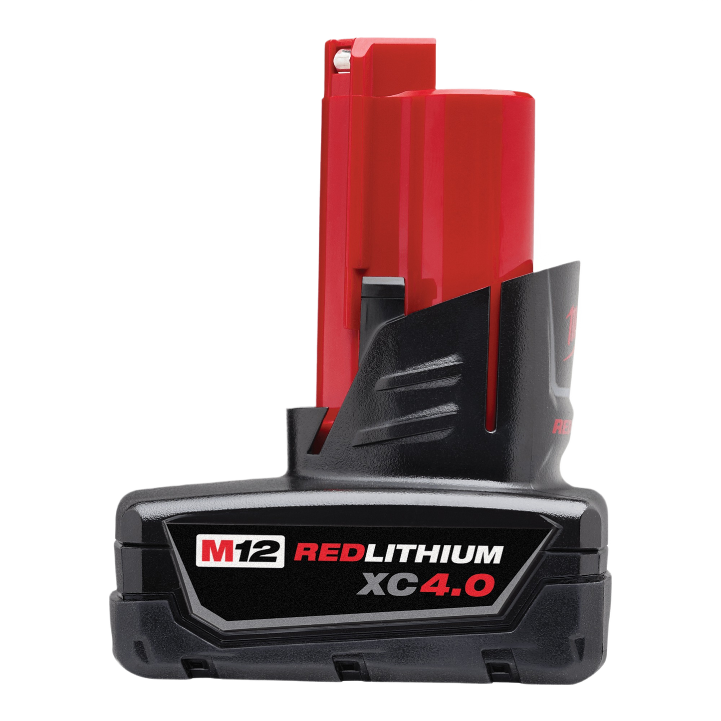 Compact red and black extended capacity lithium-ion battery pack designed for tools and home improvement use