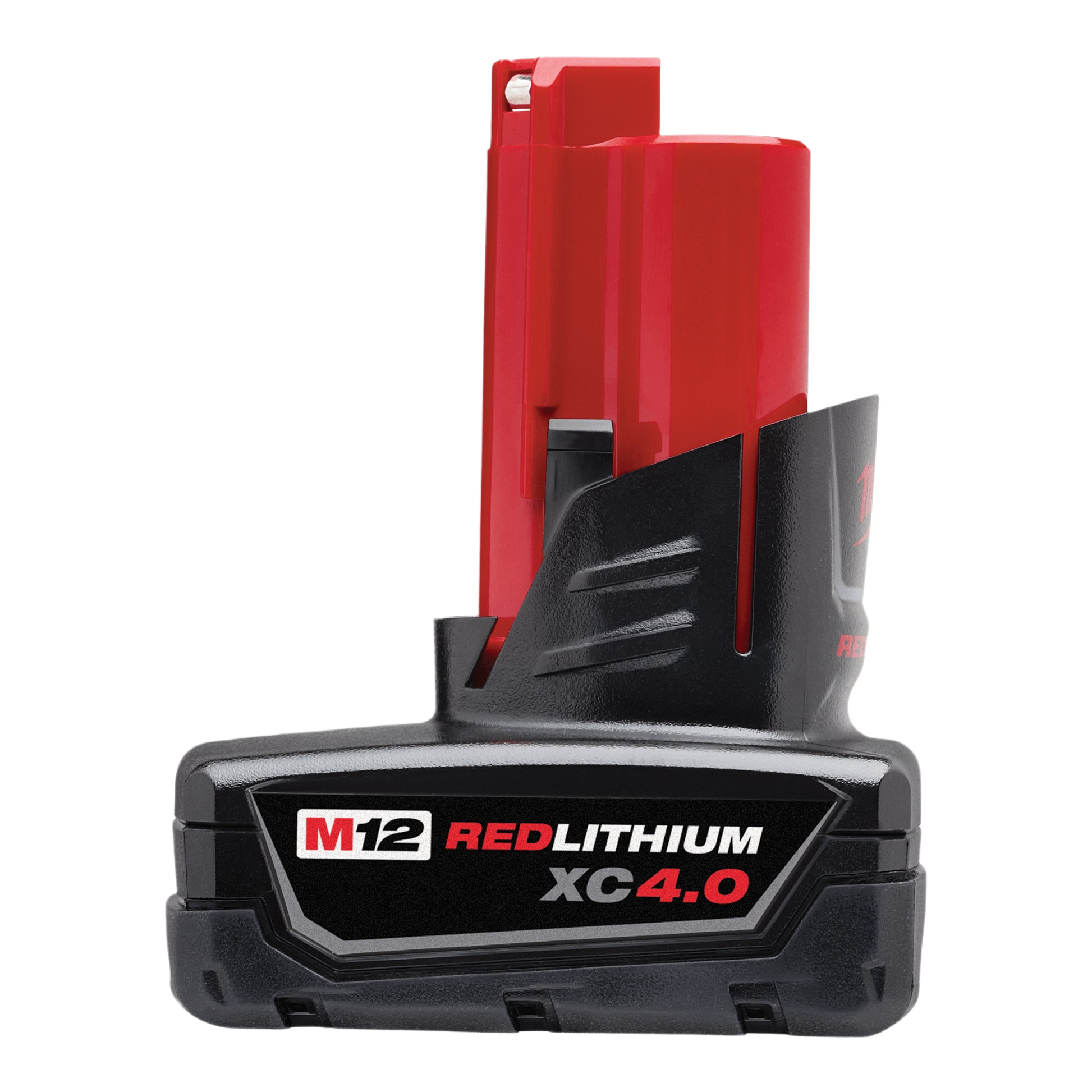 Compact red and black extended capacity lithium-ion battery pack designed for tools and home improvement use