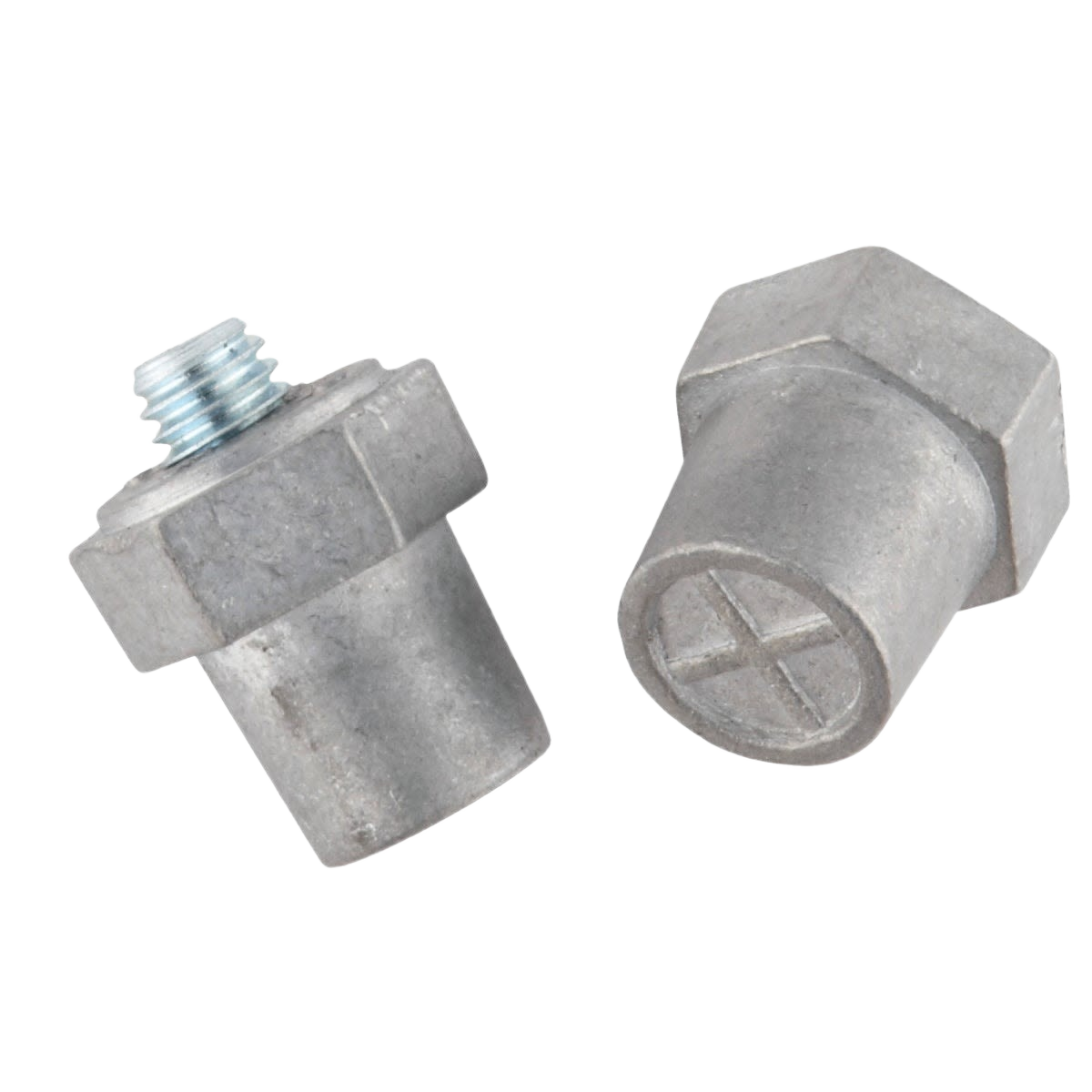 Two gray metal battery terminals with threaded post and hexagonal base for home improvement and tools use
