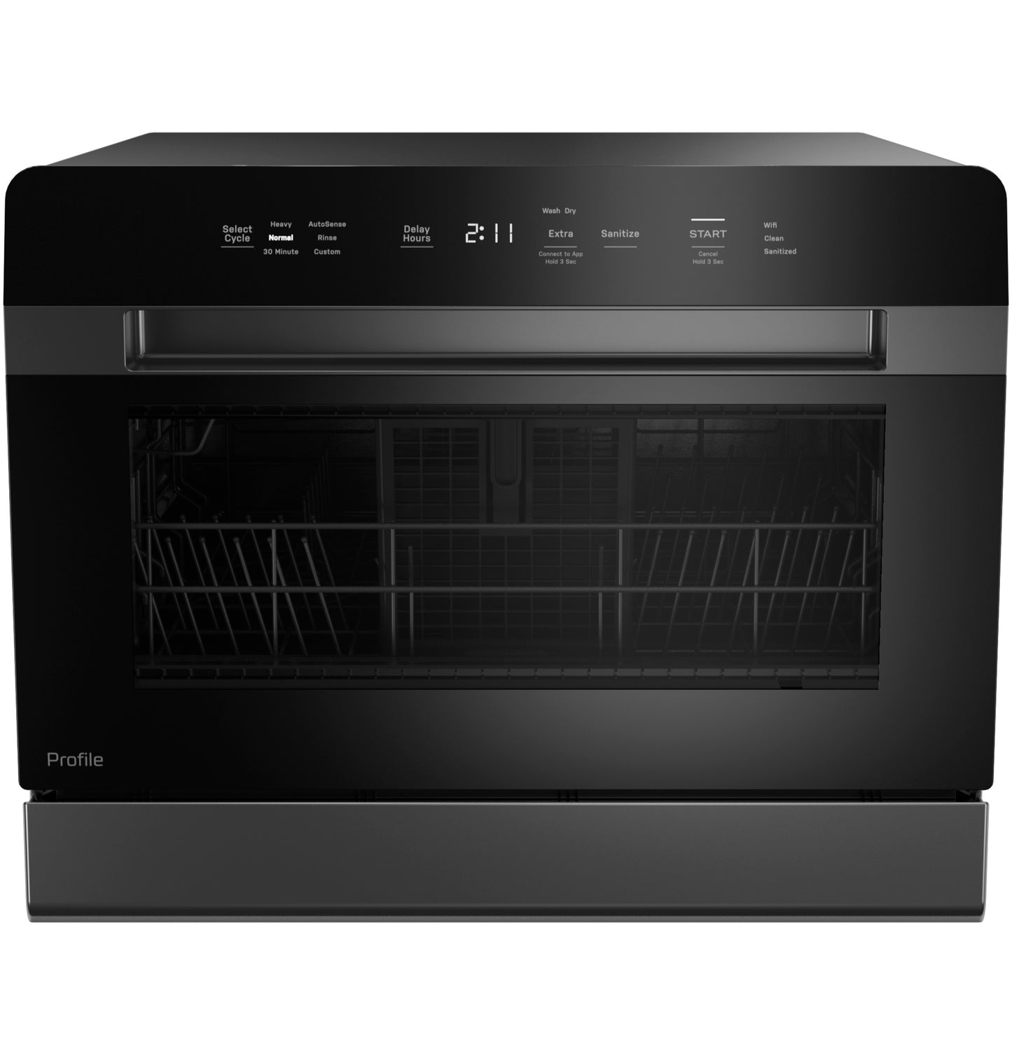 Black smart compact dishwasher with digital display and touch controls for countertop or built-in kitchen use