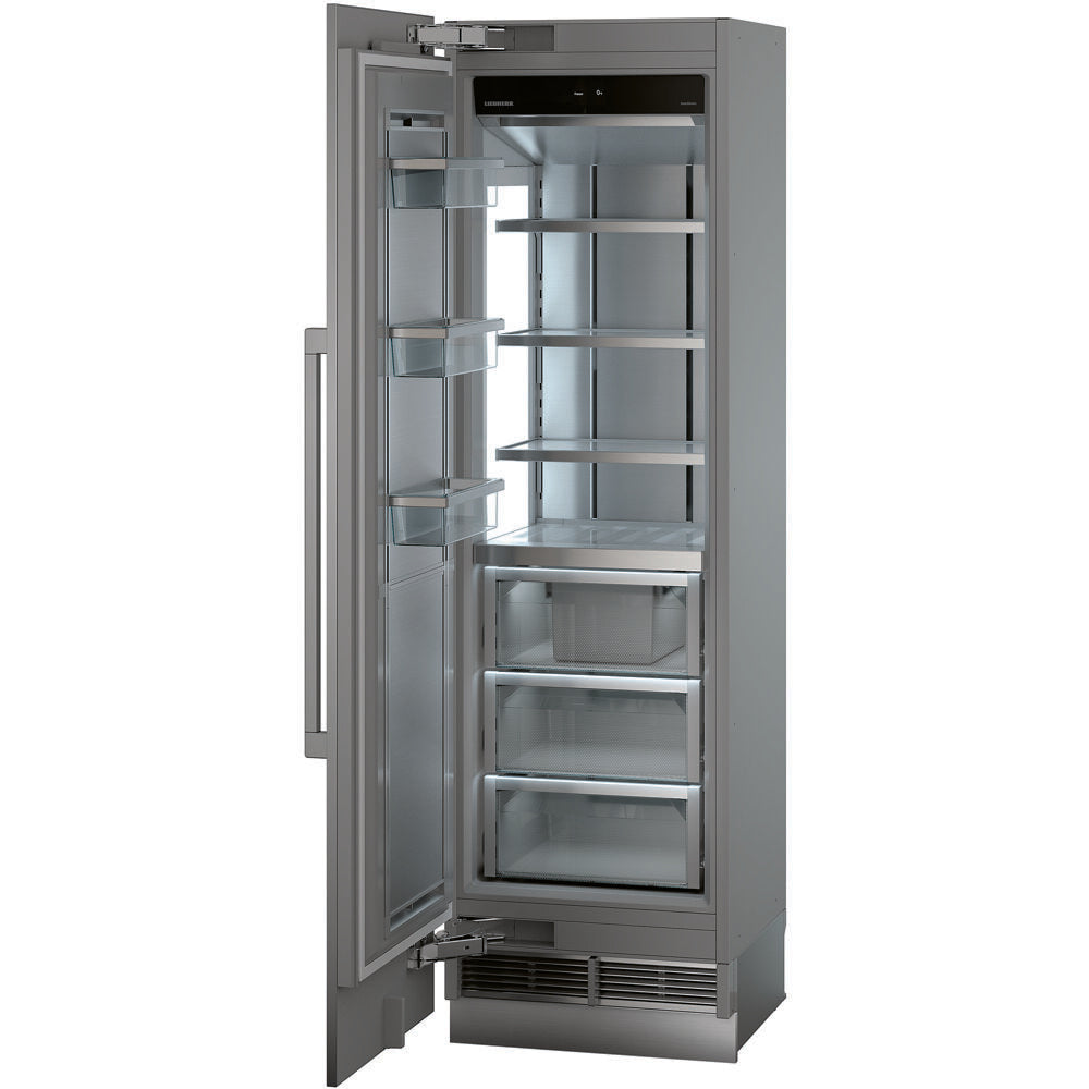 Open stainless steel built-in upright freezer with ice maker, multiple glass shelves, and clear storage drawers in appliances collection